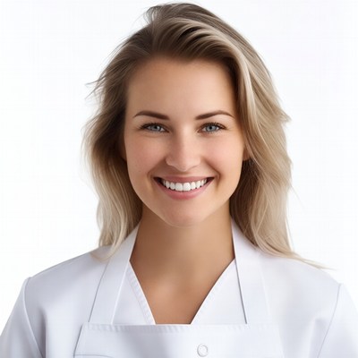 Smiling woman in white apron