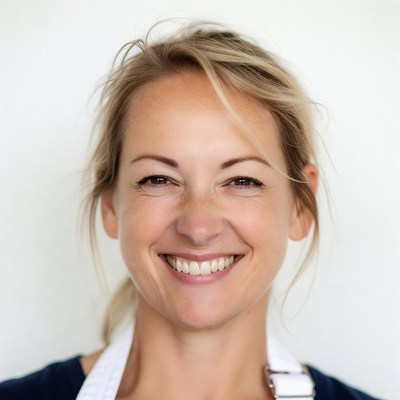 Smiling blonde woman in white apron
