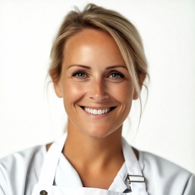 Smiling blonde woman in white apron