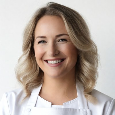 Smiling woman in white chef apron