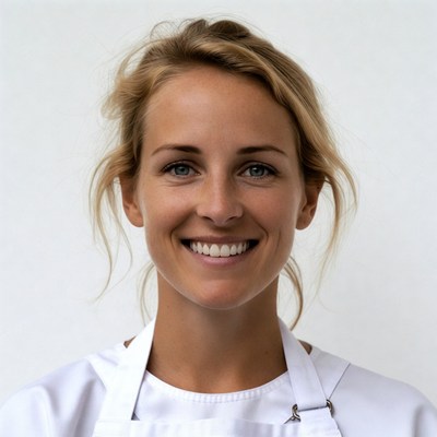 Smiling woman in white apron
