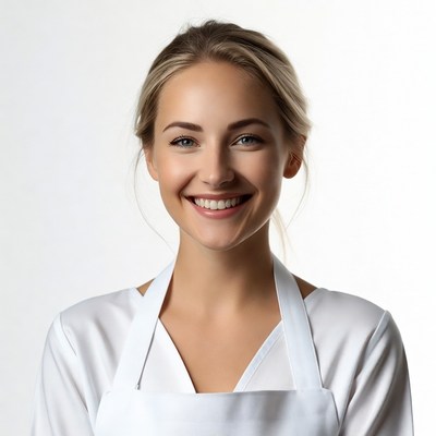 Smiling Woman in White Apron
