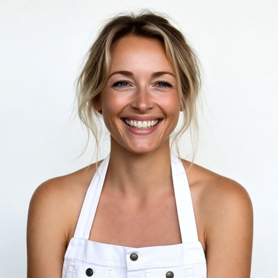 Smiling woman in white apron