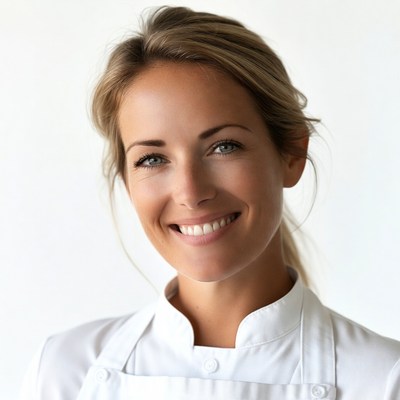 Smiling woman in white chef uniform