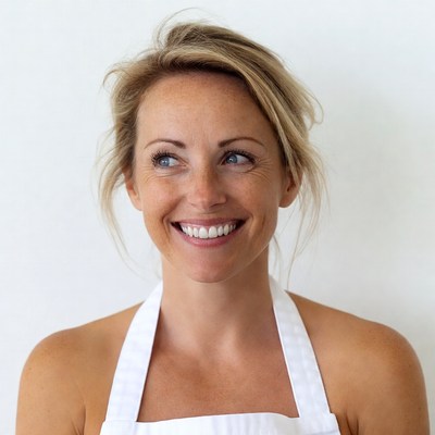 Smiling woman in white apron