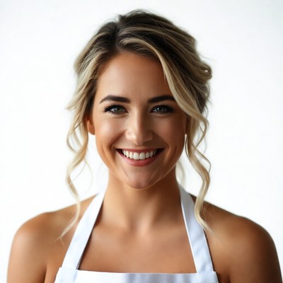 Smiling woman in white apron