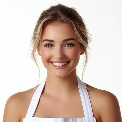 Smiling blonde woman in white apron