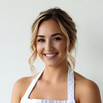 Smiling woman in white apron