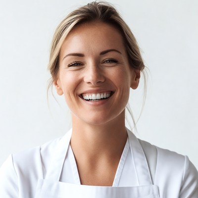 Smiling woman wearing white apron