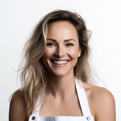 Smiling woman wearing white apron