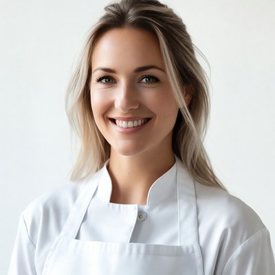 Smiling woman in white chef uniform