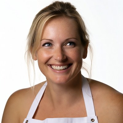 Smiling woman wearing white apron