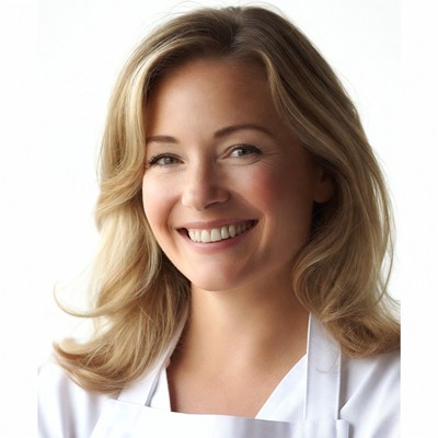 Smiling woman in white apron