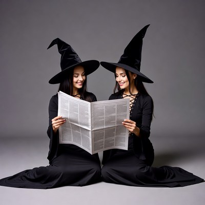 Twin witches reading newspaper