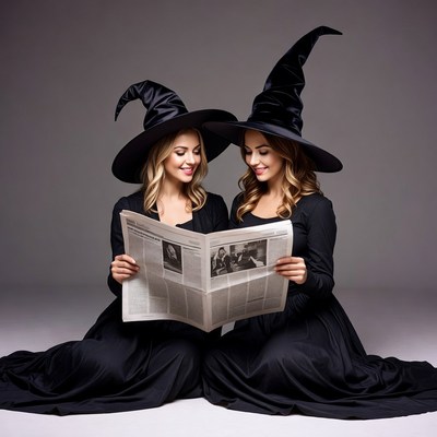 Twin witches reading newspaper