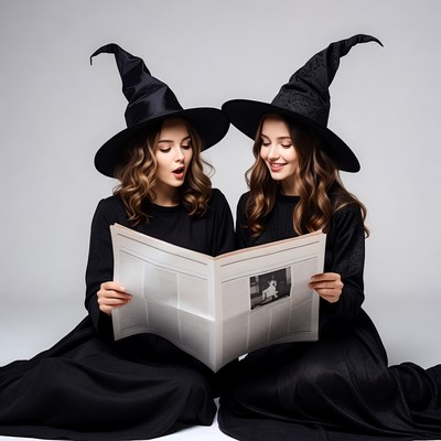 Twin witches reading newspaper