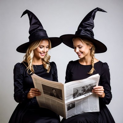 Two blonde witches reading newspaper