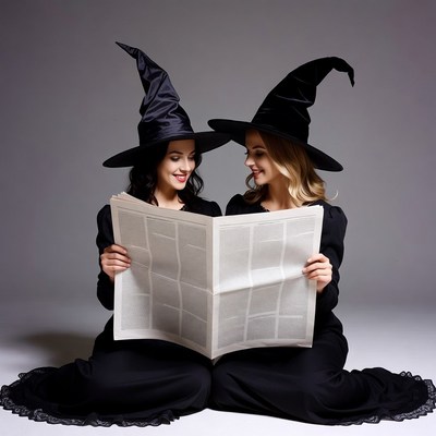 Two witches reading newspaper