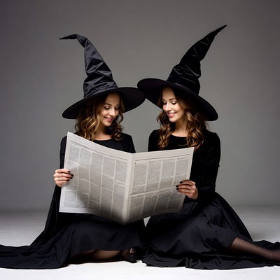 Twin witches reading newspaper