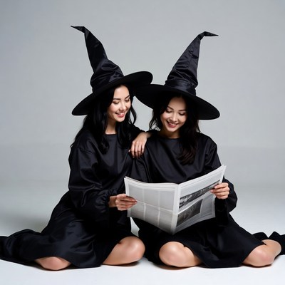 Two Asian women reading newspaper in witch hats