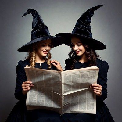 Two witches reading newspaper