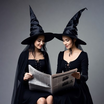 Twin witches reading newspaper
