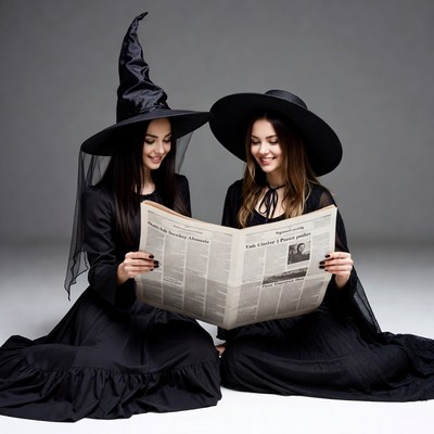 Two witches reading newspaper