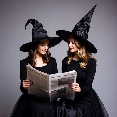 Two witches reading newspaper