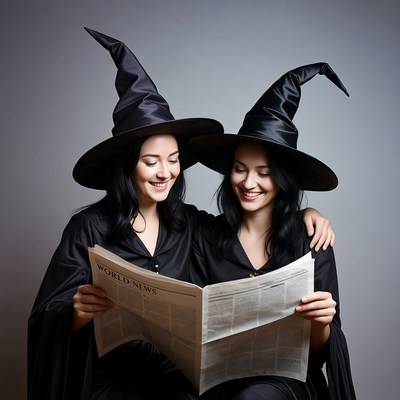 Two witches reading newspaper