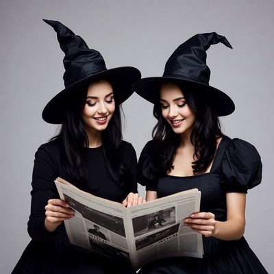 Two witches reading newspaper