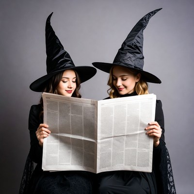 Two witches reading newspaper
