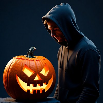 Man gazing at carved pumpkin