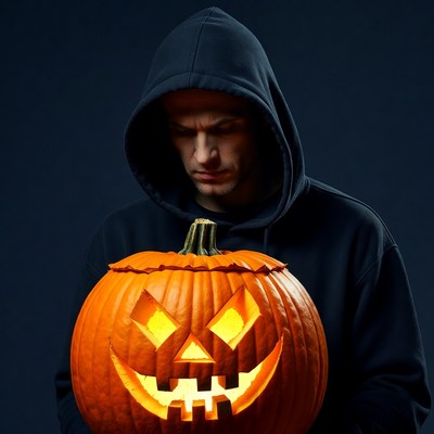 Man holding carved pumpkin