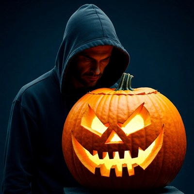 Man in Hoodie with Jack-o-Lantern