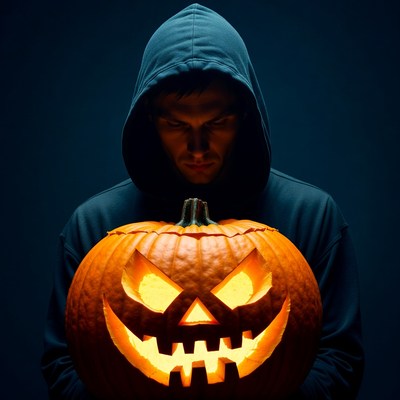Man holding carved pumpkin