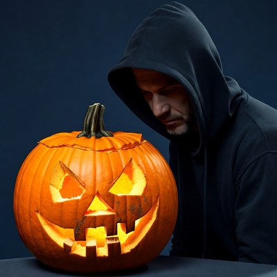 Man gazing at carved jack-o-lantern