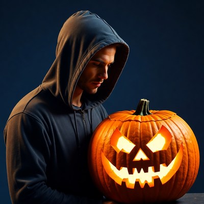 Man with hooded jacket and jack-o-lantern
