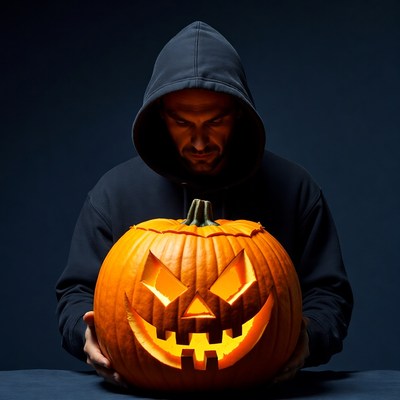 Man holding carved jack-o-lantern