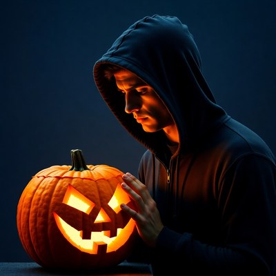 Man holding lit jack-o-lantern