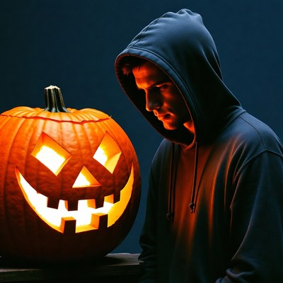 Man in Hoodie with Jack-o-Lantern
