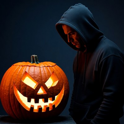 Man in Hoodie with Jack-o'-lantern