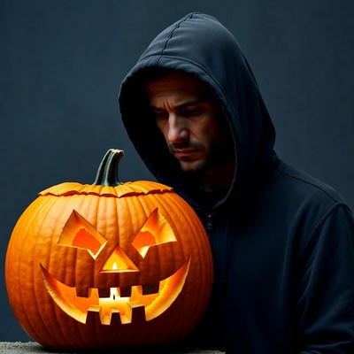 Man with hooded face beside jack-o-lantern
