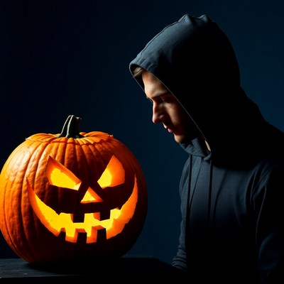 Man looking at carved jack-o-lantern