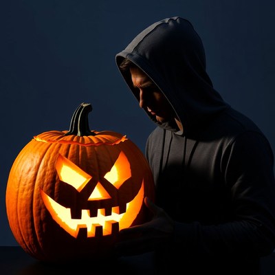 Man holding carved jack-o-lantern pumpkin