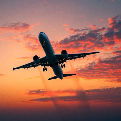 Airplane flying over sunset sky