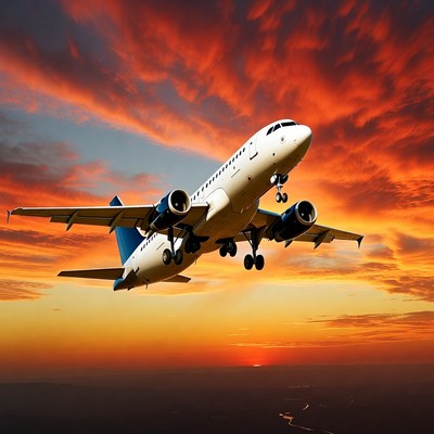 Airplane Flying Over Sunset Sky