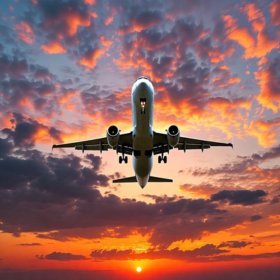 Airplane Flying into Sunset Sky