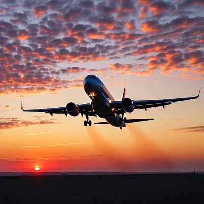 Airplane landing at sunset