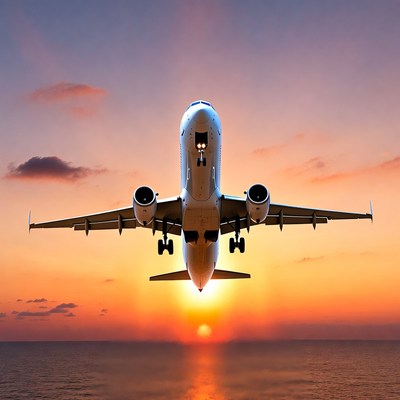 Airplane landing over ocean at sunset