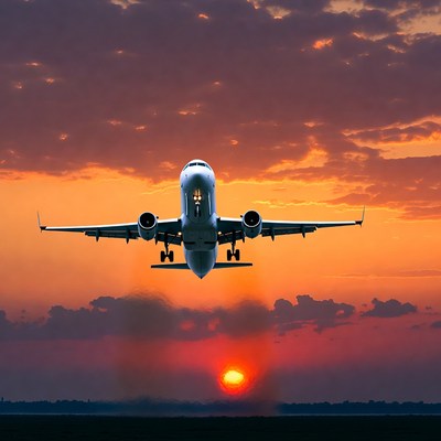 Airplane Flying Toward Sunset